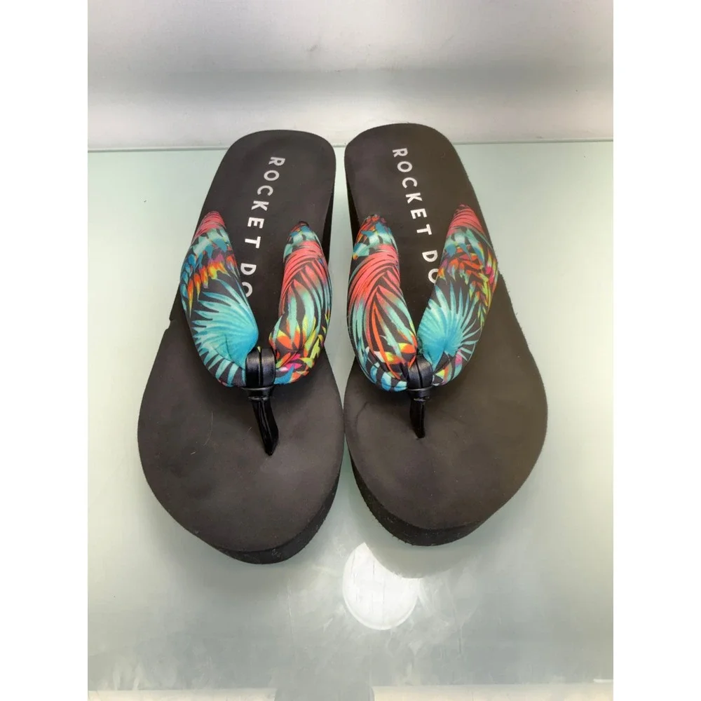 Rocket Dog Platform Flip Flop Sandals Women 6 Black Tropical Y2K Chunky Slides